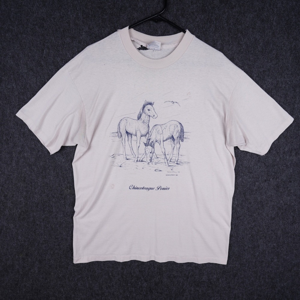 Vintage 80s Hanes Chincoteague Ponies T Shirt Mens XL White Fair Single Stitch